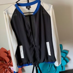 Sheer black, white, and blue  jacket